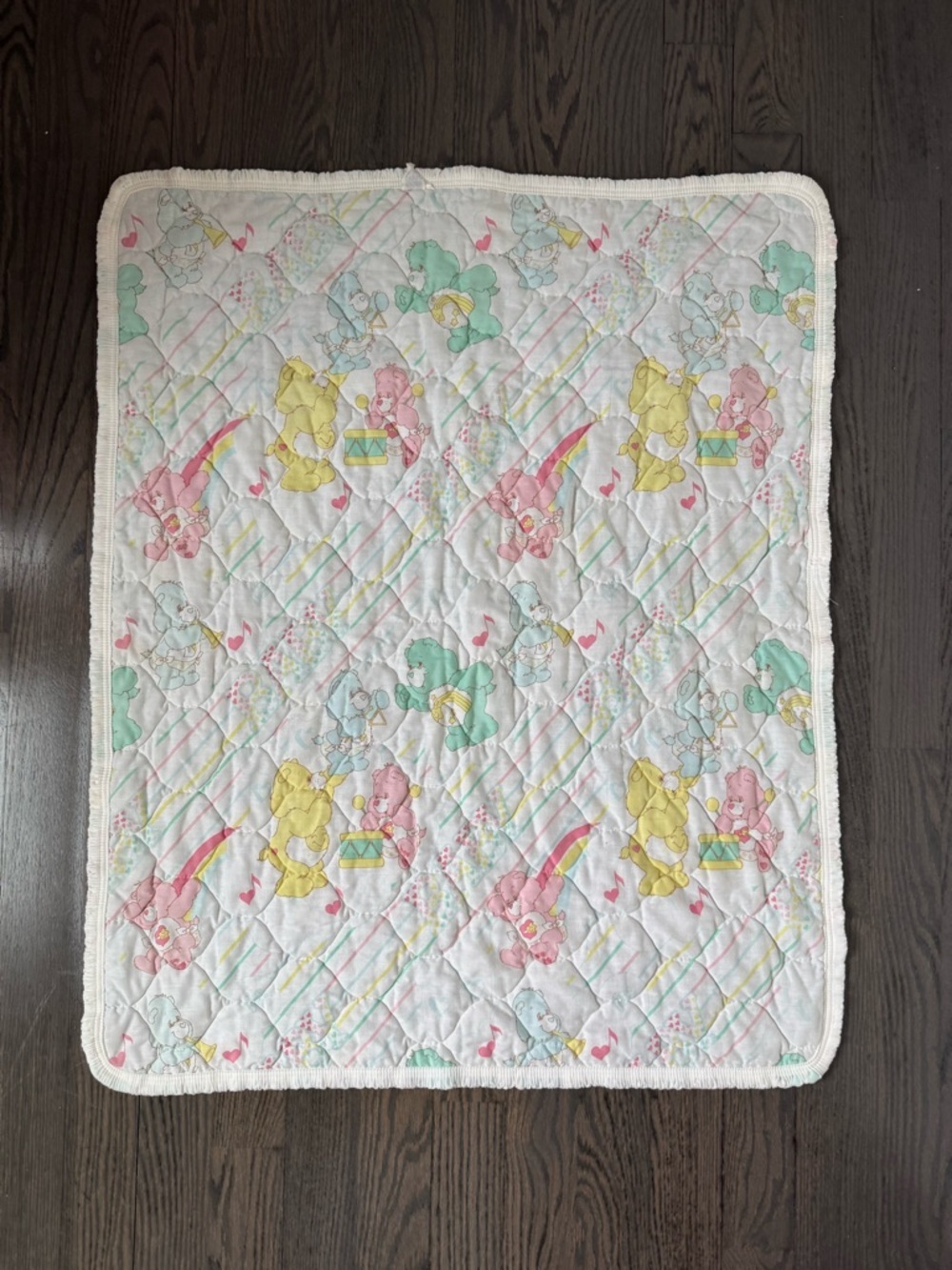 Vintage 1985 Care Bears Quilted Baby Blanket 32X40